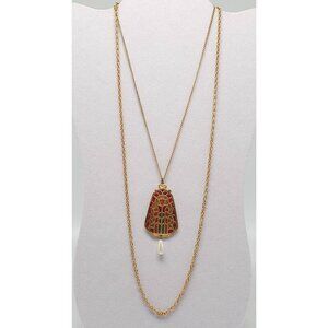 Stained Glass Inspired Pendant Necklace With Faux Pearl Drop On Long Gold Tone